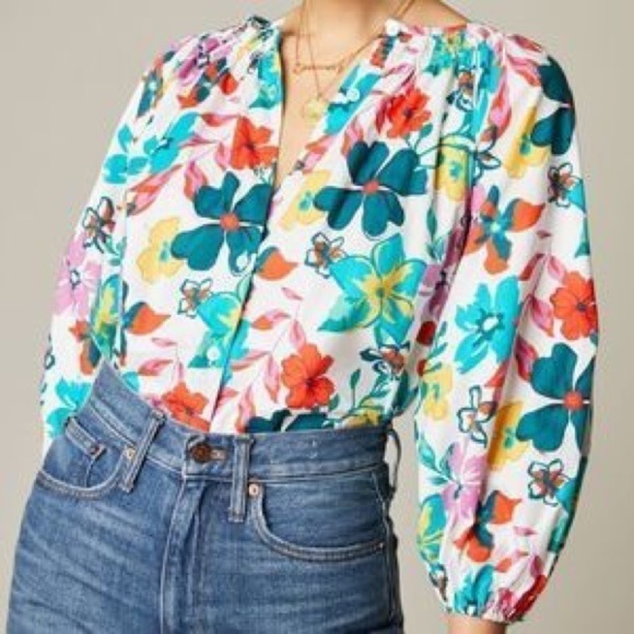 Tucker NYC Long Sleeve Polo Blouse White Casa Floral in Stretch Georgette Sz M - Picture 1 of 8